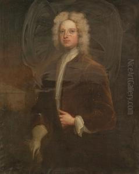 A Portrait Of Sir Edward Bacon,
Standing Three-quarter Length, In Powdered Wig And Russet Coat, His
Gloved Hand Holding A Stick - view 1