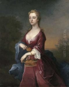 Portrait Of The Hon. Mary Digby,
Three-quarter-length, In A Maroon Dress And Blue Wrap, Holding A Basket
Of Oranges On Her Left Arm, An Orange In Her Right Hand by Charles Jervas