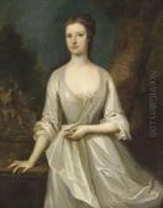 Portrait Of A Lady, Three-quarter-length, In A White Dress, A Fountain Beyond