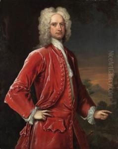 Portrait Of A Gentleman, 
Three-quarter-length, In Red Coat Andwaistcoat, With A Classical 
Landscape Beyond