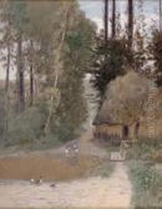Enten Am Weiher Vor Einem Bauernhaus by Eugene Jettel