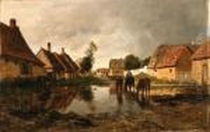 Horses Watering In A Country Village
