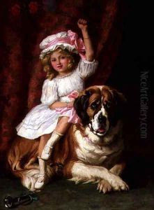 A young girl on the back of a St. Bernard Dog, 1909 by Margaret Collyer
