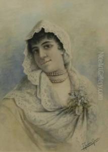 Oung Lady In A Lace Shawl", Watercolor, 14 X 10.5 In , Signed Lower Right