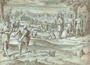 Figures unearthing a corpse, with other figures in the background, a city beyond Figures unearthing a corpse, with other figures in the background, a city beyond