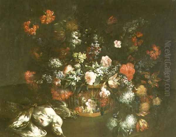 Roses, tulips, bluebells, lilac and other flowers in a basket with dead birds - view 1