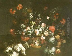 Roses, tulips, bluebells, lilac and other flowers in a basket with dead birds by Margherita Caffi