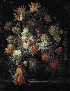 Tulips, carnations and other flowers in an urn on a ledge by Margherita Caffi