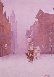 A winter street scene by A. Cox