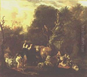 A Figure Dancing Amongst a Resting Herd of Cattle by Michiel Carre