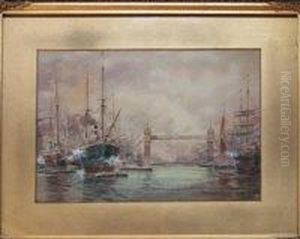 A View On The River Tyne At North Shields With Hms Wellesley by Robert Jobling