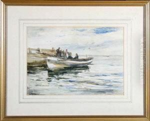 A View On The Yorkshire Coast With A Coble Moored At A Jetty