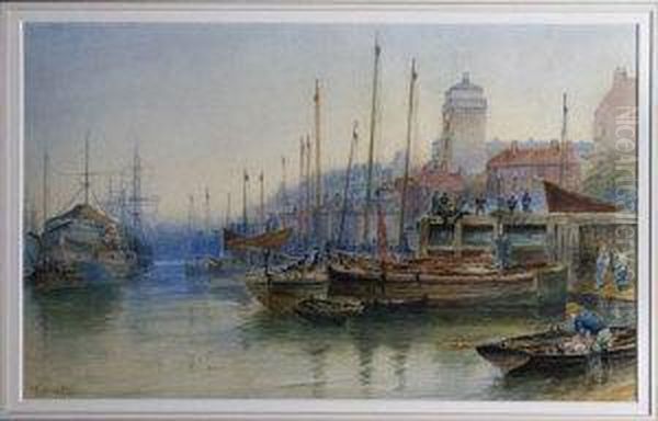North Shields Harbour With
Fishing Boats In The Foreground And The Wellesley In The Middle Distance by Robert Jobling