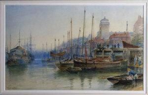 North Shields Harbour With 
Fishing Boats In The Foreground And The Wellesley In The Middle Distance