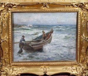 Two Fishermen Launching A Coble Off A Beach