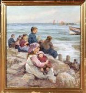 Children On The Rocks At Staithes Harbour Watching The Departure Ofthe Fishing Fleet.