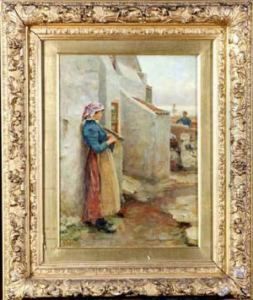A Staithes Fishergirl Standing Outside A Cottage Knitting
