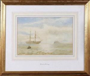 "awaiting The Tide" - A View On 
The Yorkshire Coast With A Brig At The Entrance To A Harbour