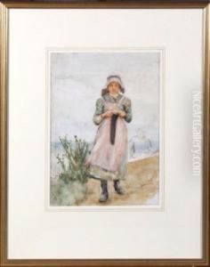 A Staithes Fishergirl Walking A Cliff-top Path Whilst Knitting.