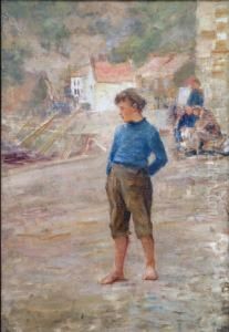 Staithes Fish Quay With A Young Fisher Boy Looking Out To Sea.
