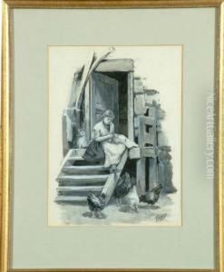 A Fishergirl Knitting On The 
Steps At Sparrow Hall, North Shields - A Study In Monochrome
