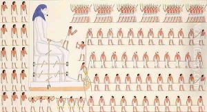 A wall painting at Beni Hasan depicting the moving of a colossal statue of a Pharaoh A wall painting at Beni Hasan depicting the moving of a colossal statue of a Pharaoh