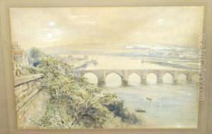 View Of A Bridge And River With 
Figures Beside Cottages Nearby, Possibly A Scene On The Tyne Signed
