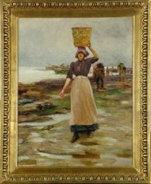 A Staithes Fishergirl Bringing Up A Basket Of Fish From Boats On The Shore - view 1