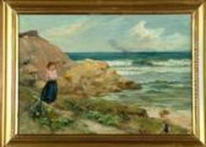"on The Shore" - A North Yorkshire Fishergirl Gazing Out To Sea. by Robert Jobling