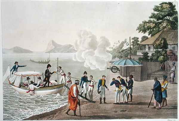 First disembarkation of the French at the Portuguese outpost at Dille, Timor, plate 5 from 'Le Costume Ancien et Moderne' - view 1