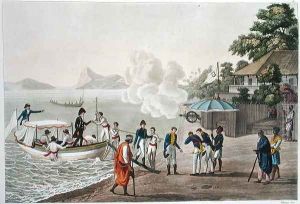 First disembarkation of the French at the Portuguese outpost at Dille, Timor, plate 5 from 'Le Costume Ancien et Moderne' by Felice Campi