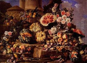 Still Life Of Fruit And Flowers On A Stone Ledge With Birds And A Monkey by Michele Pace Del (Michelangelo di) Campidoglio