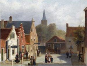 Many Figures On The Sunlit Square Of A Dutch Town
