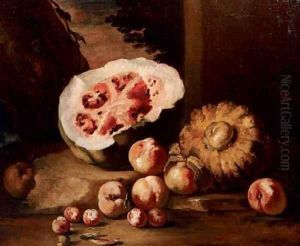 A watermelon, squash, peaches and plums on a stone ground by Michele Pace Del (Michelangelo di) Campidoglio