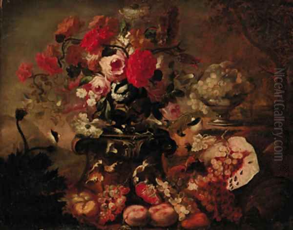 Still life of mixed flowers in an urn on a pedastal with fruit and a bowl of grapes in a landscape - view 1