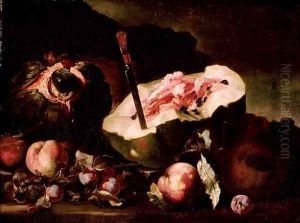 A watermelon and a melon with peaches and plums in a landscape