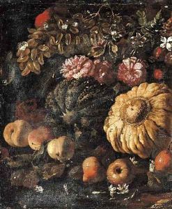 Two pumpkins, grapes, peaches and pears, roses and other flowers in a landscape