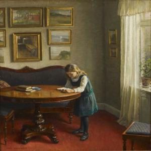 Interior With Girlreading By A Table