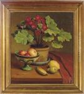 Still Life Of A Pot Of Primula And Fruit On A Table by Axel Johansen