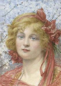Head of a girl, with tulips in her hair