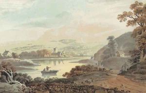 A wooded river landscape with a ferry in the foreground and a village beyond by John Henry Campbell