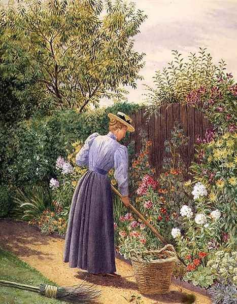Lady gardening in a herbaceous border - view 1