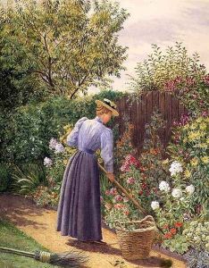 Lady gardening in a herbaceous border by Marian Emma Chase