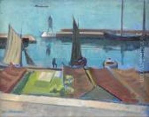 'alabodarnas Hamn'. Signerad. Duk, 41x50 by Johan Johansson