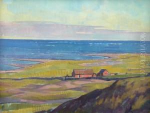 Fiskarehus Vid Havet. Motiv Fran So Skane. Signerad. Duk, 60x78 by Johan Johansson
