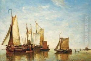 Moored vessels on a calm by Paul-Jean Clays