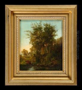 Cows Watering At A Stream by David Johnson