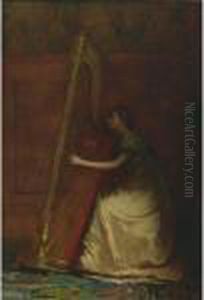 Woman Playing Harp by Eastman Johnson