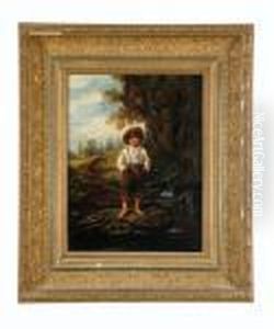 Young Boy Standing At A Creek With A Log Cabin In The Background by Eastman Johnson