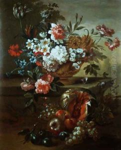 Still life of flowers in an urn with fruit by Pauwel Casteels